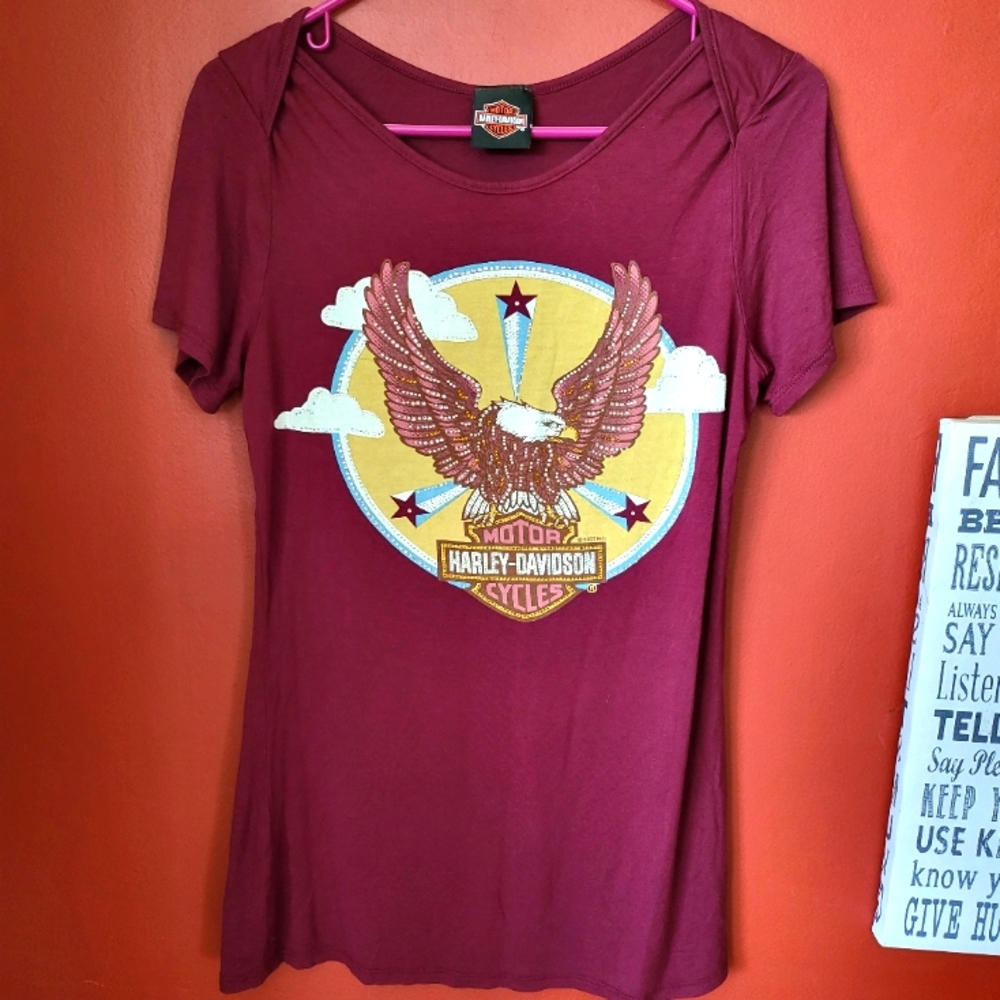 HARLEY-DAVIDSON Burgundy Rhinestone Embellised Tee